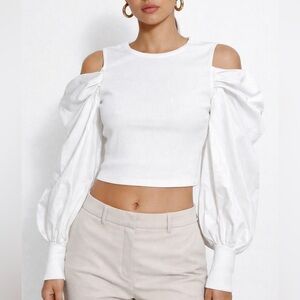 ZARA Ribbed Voluminous Balloon Sleeve Cropped Cold Shoulder Top Size S